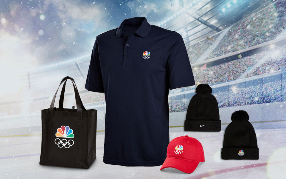 NBC Sports shirt, bag and hats  with NBC olympics logos 