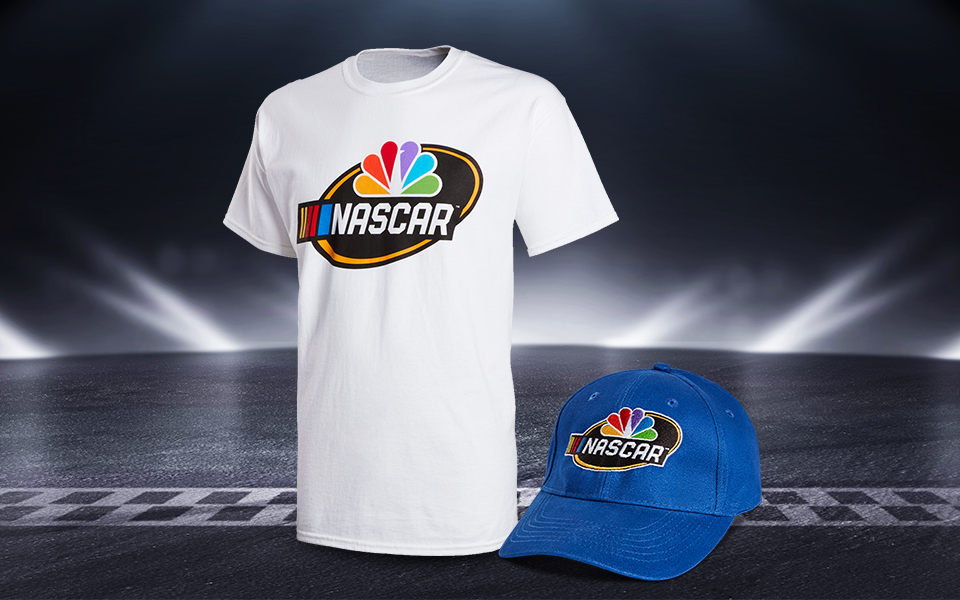 Tee shirt and hat against plain background with NASCAR logos 